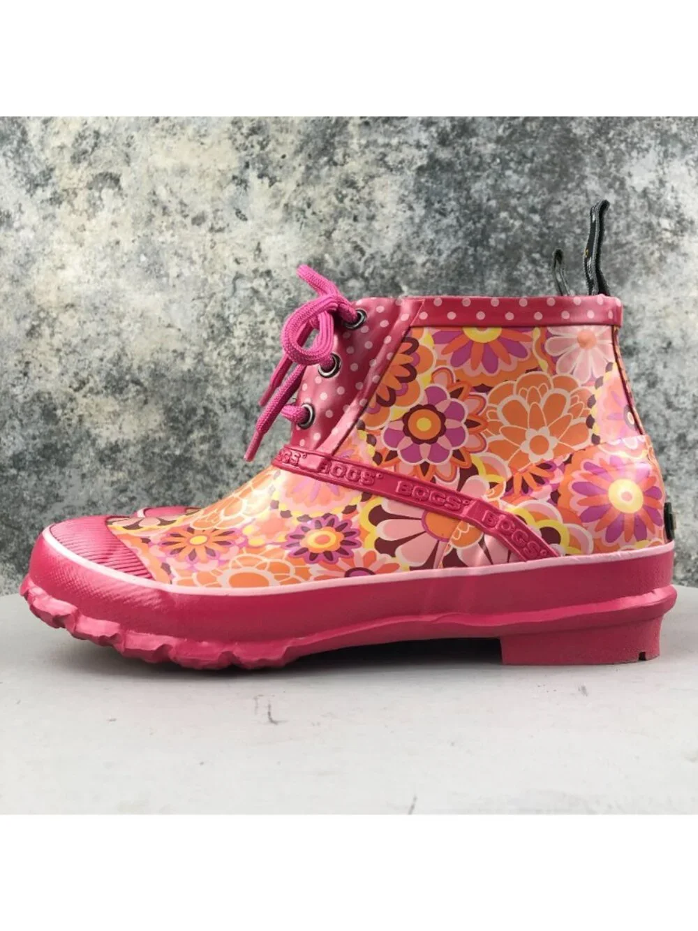 Bogs Kids Size 6 Charlot Pink Orange Floral Print Lace-Up Ankle Rain Boots